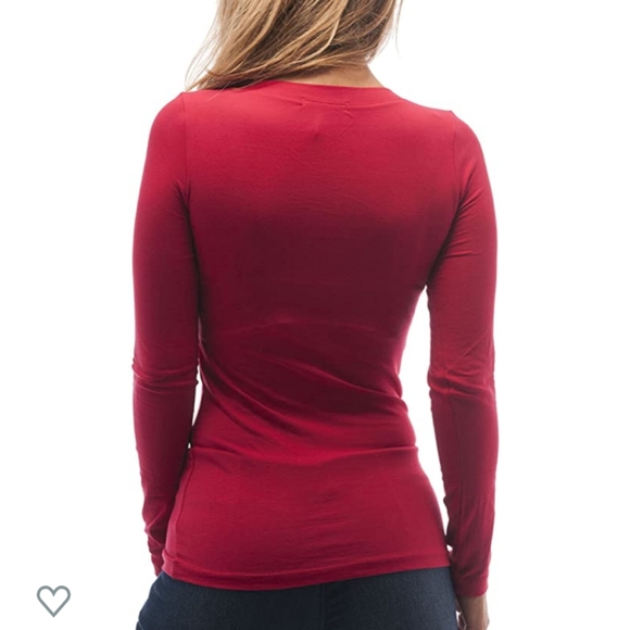 Red long sleeve deep v-neck fitted solid shirt top - Picture 2 of 3